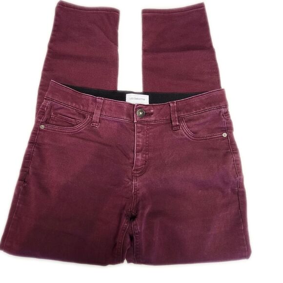 5/$55 Liz Claiborne Maroon Burgandy Tummy Control Slim Straight Leg Jeans, 8 - Picture 2 of 5